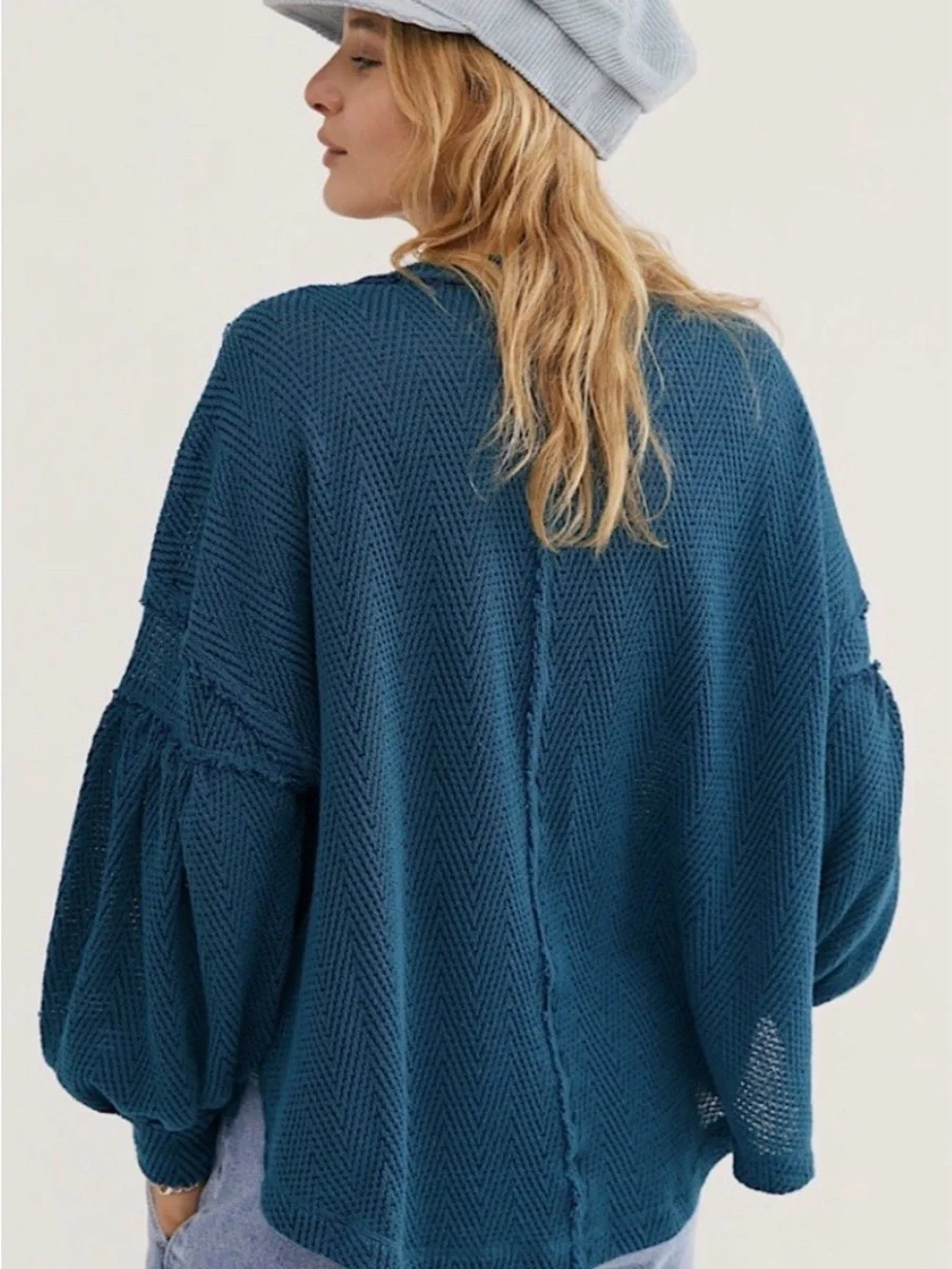 Free People Teal Chevron Knit V-Neck Pocket Blouse